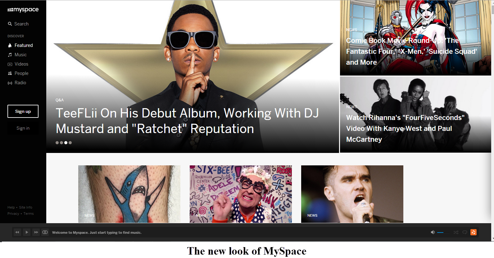 MySpace's new homepage design.