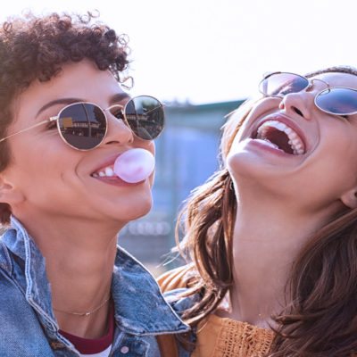 two girls laughing