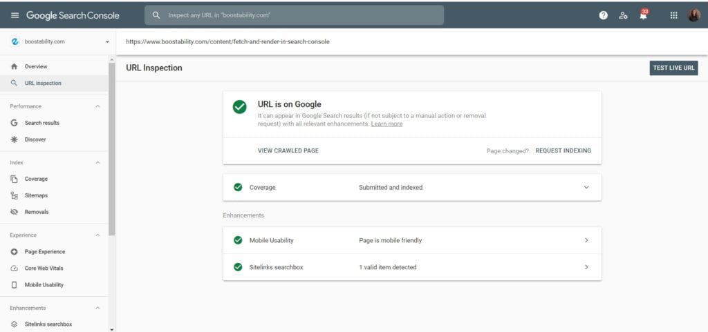 Google Search Console URL Inspection page
