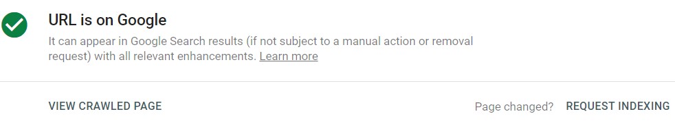 URL is on Google status within google indexing tool