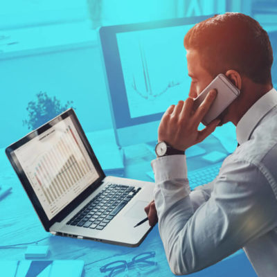 A man telecommutes from home.