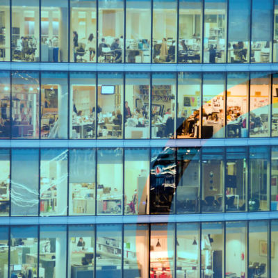A modern office in a downtown building.