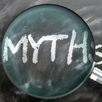 Learn, study and inspect myths - pictured as a magnifying glass enlarging word myths, symbolizes researching, exploring and analyzing meaning of myths, 3d illustration
