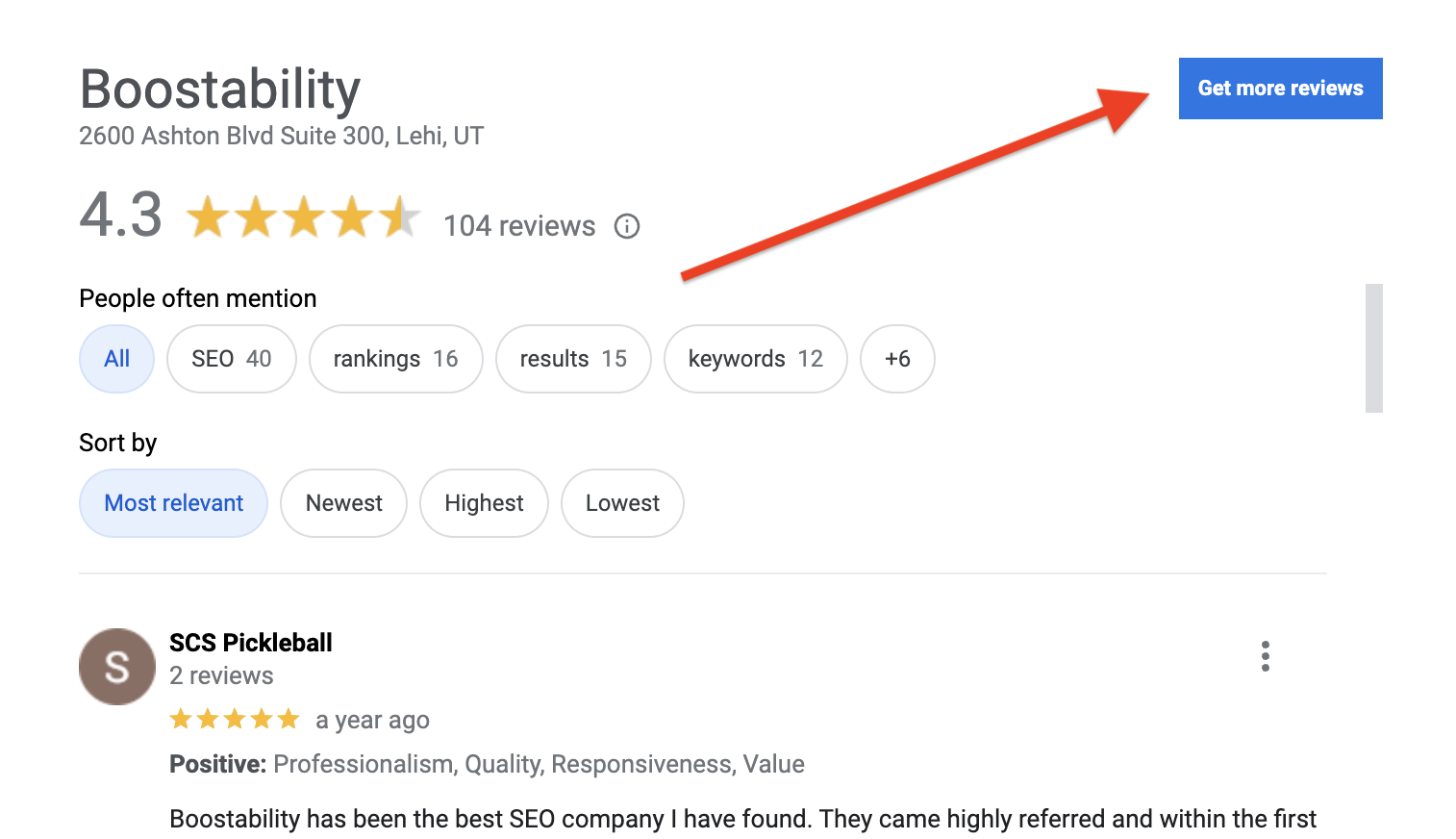 get more reviews button on google business profile