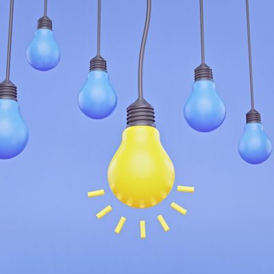 Set of hanging light bulbs with one glowing. creative Trendy light bulb, concept of idea on blue background. 3d rendering