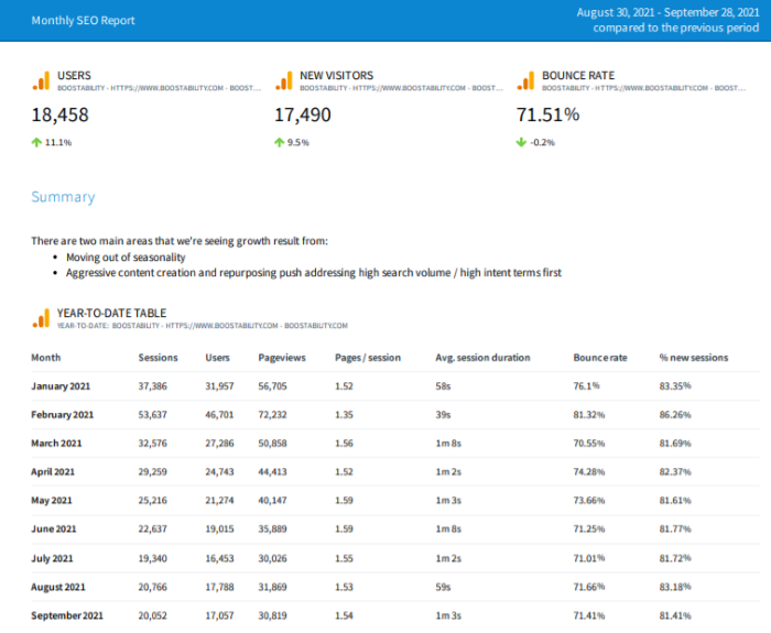 An example of a Boostability report in Swydo