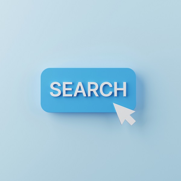 Search button and arrow mouse click on light bule background. Searching information data on internet networking concept. 3d illustration