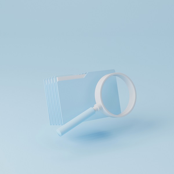 File folder and magnifying glass on light blue background. Searching information data on internet networking concept. 3d illustration