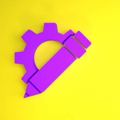 Purple Pencil and gear icon isolated on yellow background. Creative development. Blogging or copywriting concept. Minimalism concept.