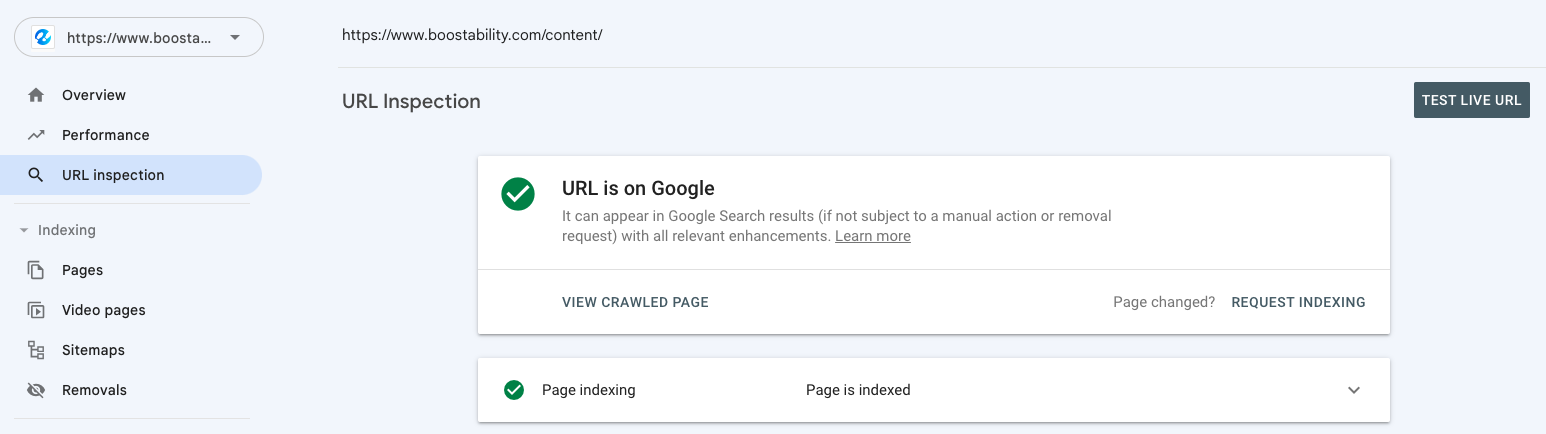 URL testing tool within google search console