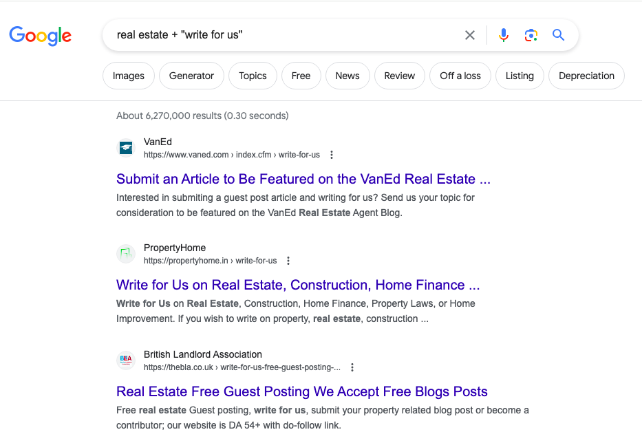 google serp of "real estate + "write for us"