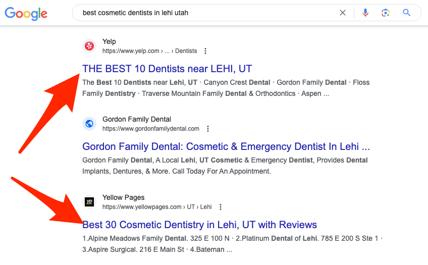 Google serp of "best cosmetic dentists in lehi utah"