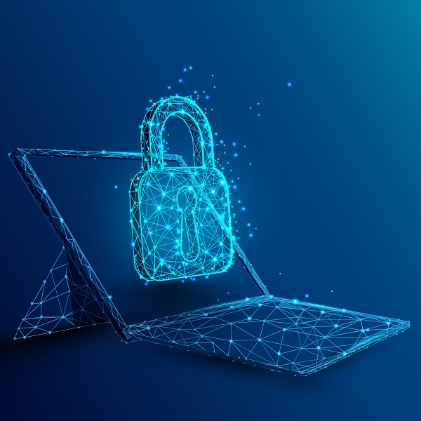 Laptop with padlock and security concept from lines, triangles a a graphic signifying secure website
