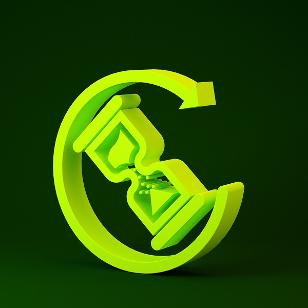 Yellow Waiting icon isolated on green background. Wait time icon. Hourglass clock. Minimalism concept. 3d illustration 3D render page speed update