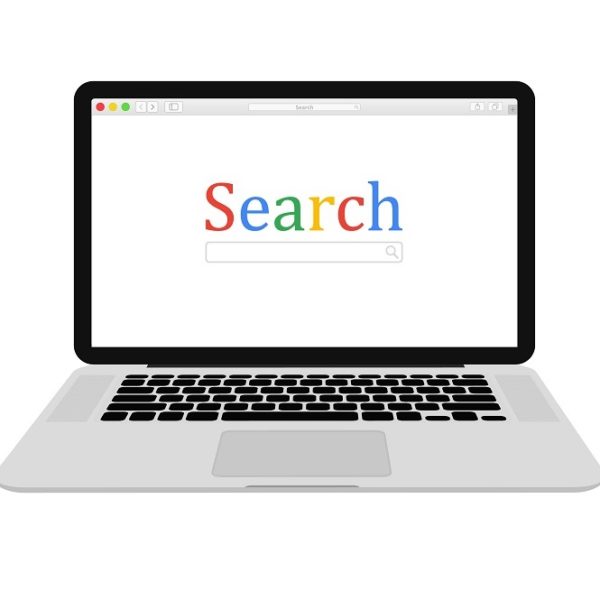 Computer laptop, browser window and ranking sites in search results of web search engine. Search engine. Flat design, vector illustration on background. laptop with Google search homepage