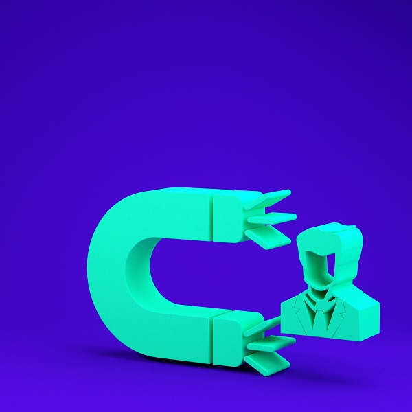 Green Customer attracting icon isolated on blue background. Customer retention, support and service. Customer man attracting with magnet. Minimalism concept. 3d illustration 3D render customer retention with magnet and customer