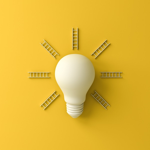 Idea bulb and ray ladders the business concepts isolated on yellow background with shadow 3D rendering light bulb with tiny ladders around it