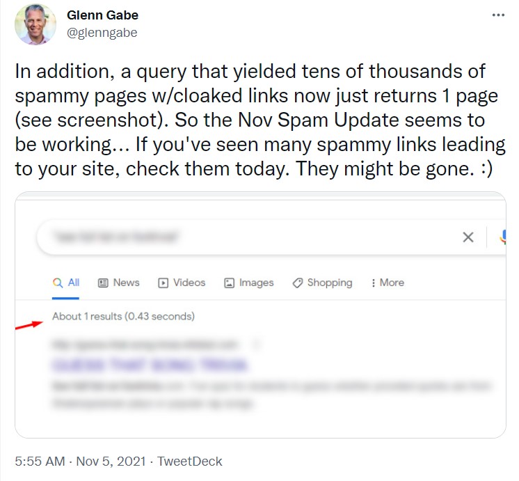 screenshot of glenn gabe twitter thread on november spam update
