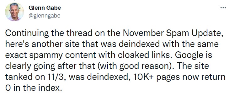 screenshot of glenn gabe twitter thread on november spam update