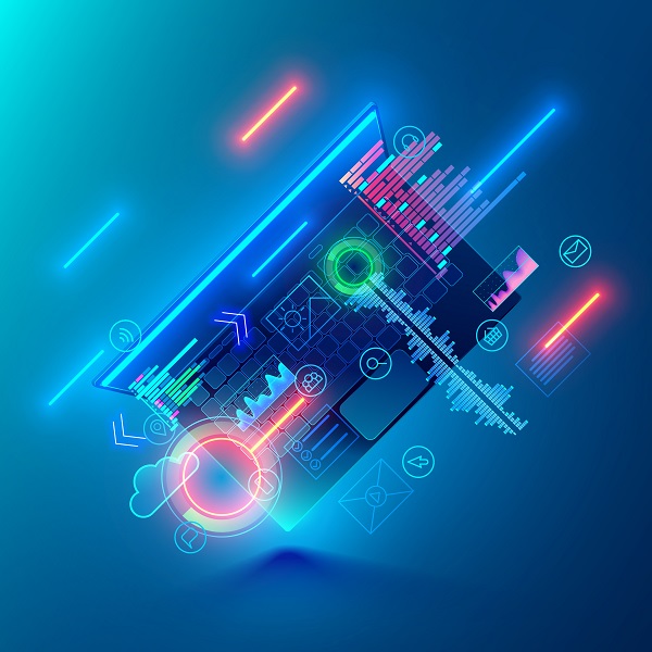 Web software creation concept. Cross platform app development. Hanging laptop with abstract programming elements and code snippets. Banner of internet technologies, seo, website development.