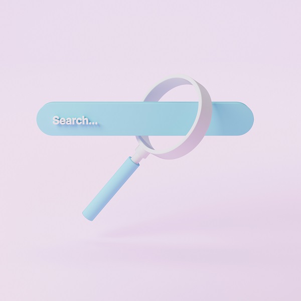 Search bar and magnifying glass on pink background. Searching information data on internet networking concept. 3d illustration