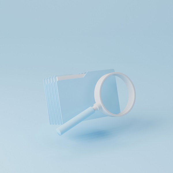 File folder and magnifying glass on light blue background. Searching information data on internet networking concept. 3d illustration File folder and magnifying glass on light blue background. Searching information data on internet networking concept. 3d illustration