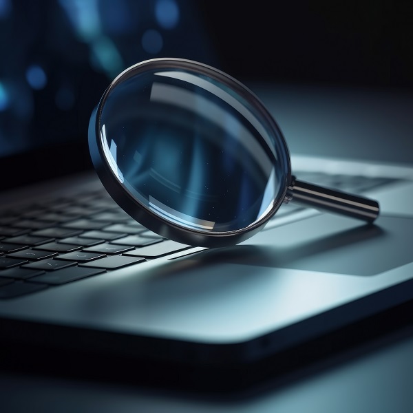 Magnifying glass and laptop illustration, analytics and research Magnifying glass and laptop illustration, analytics and research