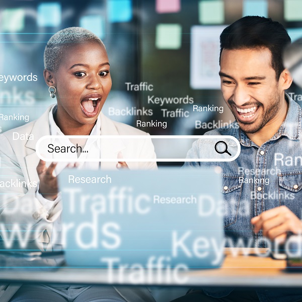 Seo, collaboration and laptop with business people in office for research, social media and branding. Overlay, news and creative with man and black woman in digital agency for startup and website white label seo company