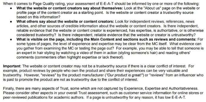 google E-E-A-T QRG trustworthiness guidelines