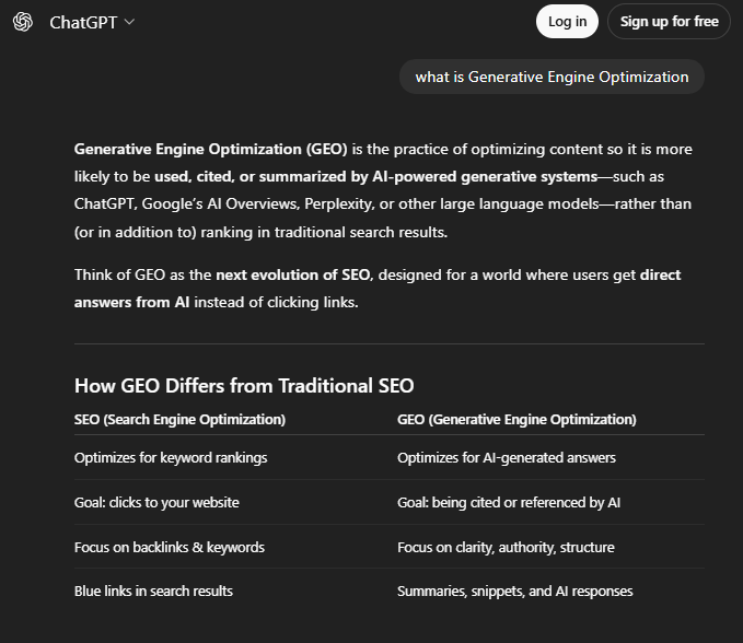 : Screenshot of ChatGPT interface showing a user query "what is Generative Engine Optimization". ChatGPT provides a definition of Generative Engine Optimization (GEO), describing it as the practice of optimizing content for AI-powered generative systems like ChatGPT and Google's AI Overviews. Below the definition, a table compares GEO and Traditional SEO, highlighting differences in optimization goals, focus, and result formats.