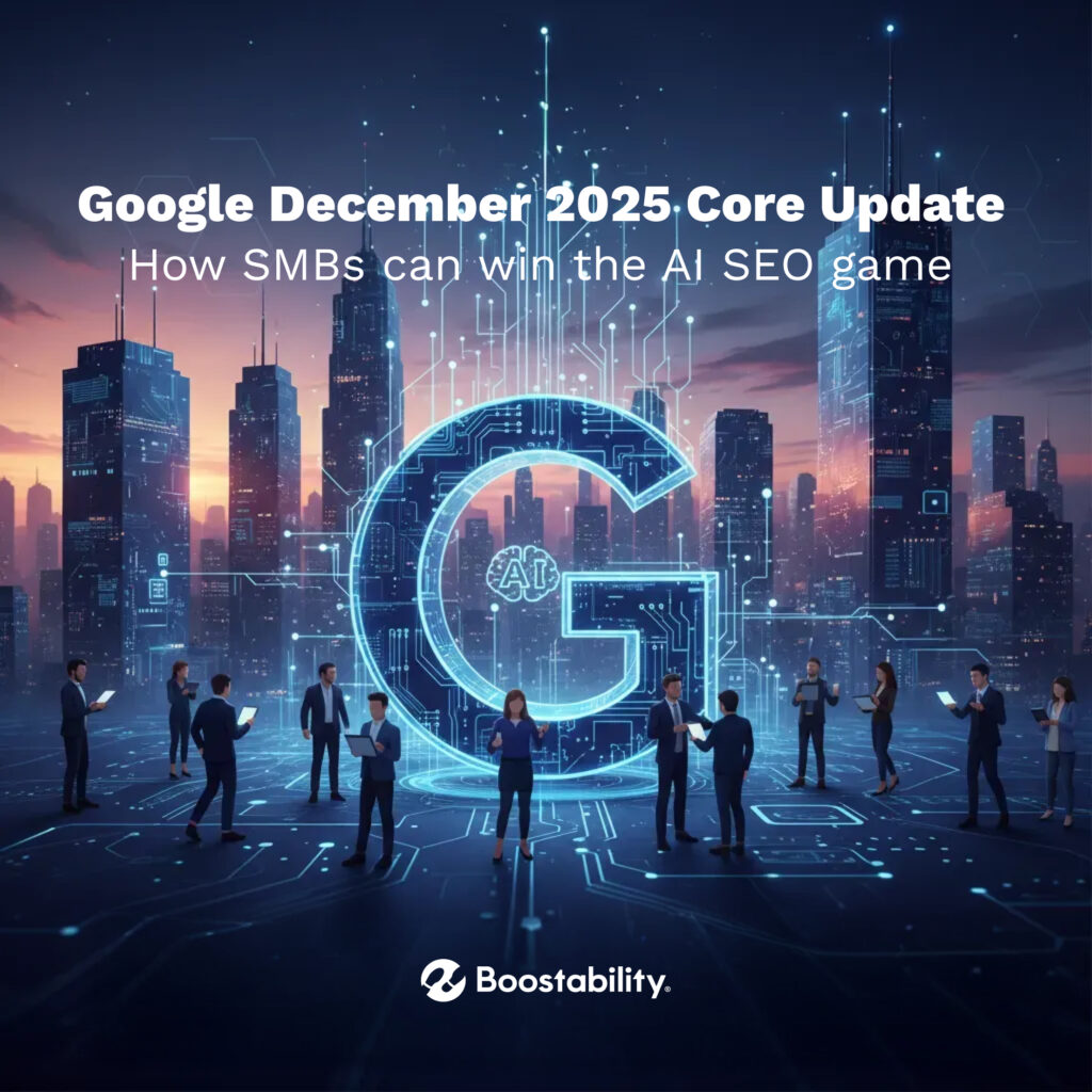A futuristic digital landscape featuring a glowing Google 'G' logo and professional SMB owners using AI technology to improve search engine rankings.
