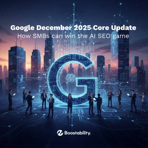 A futuristic digital landscape featuring a glowing Google 'G' logo and professional SMB owners using AI technology to improve search engine rankings.