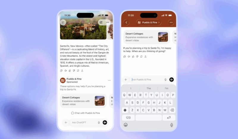 Two smartphone screens side-by-side showing an AI chat interface with a sponsored travel ad from 'Pueblo & Pine' for Desert Cottages in Santa Fe.