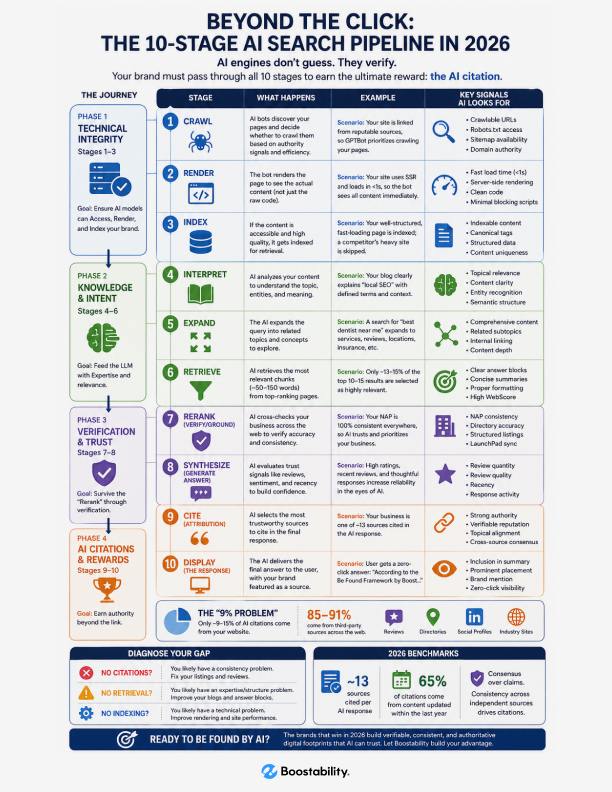 Infographic of the 10-stage AI search pipeline from crawl to citation, showing phases of technical integrity, knowledge, and verification.
