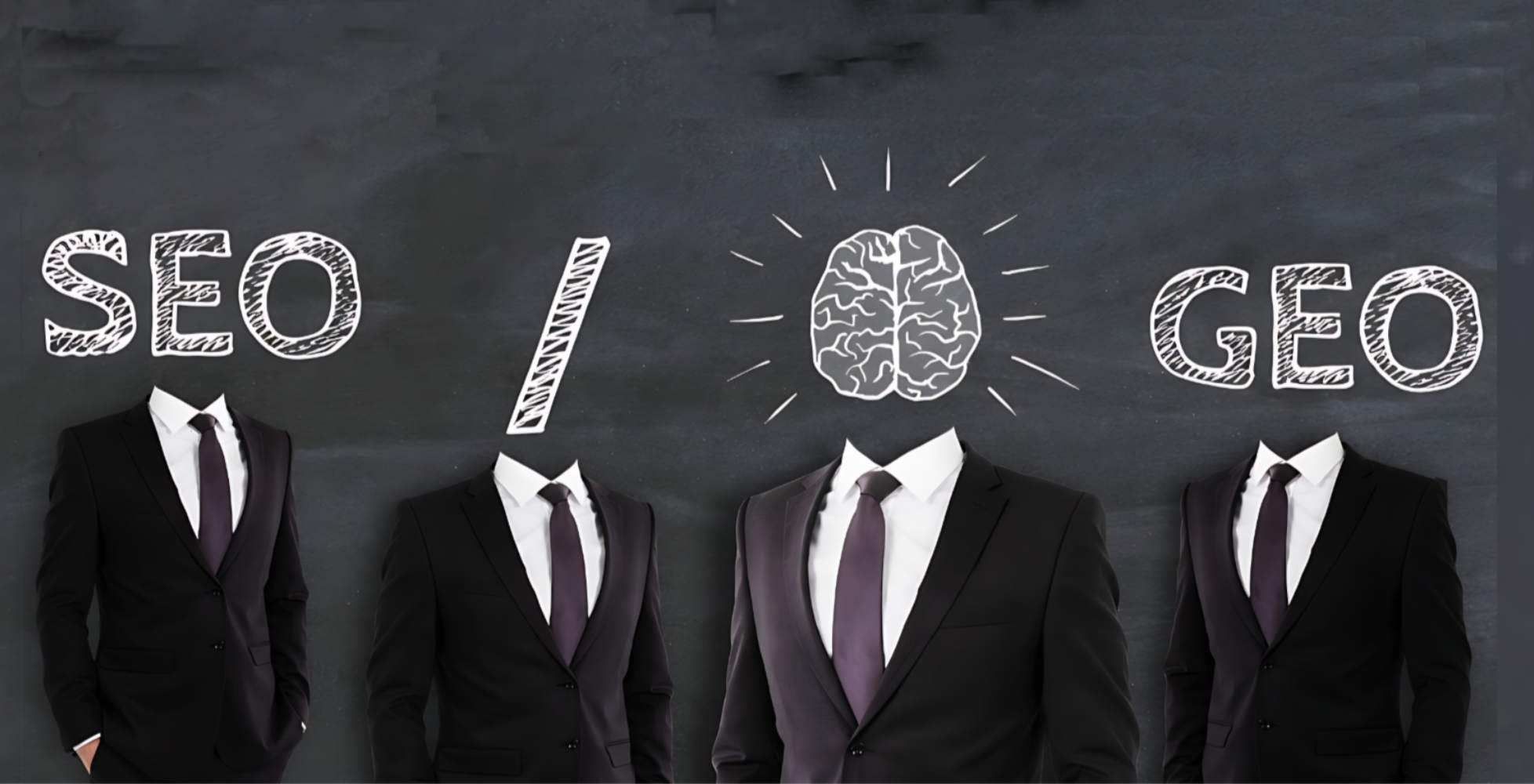 Suits beneath SEO and GEO chalkboard brain
