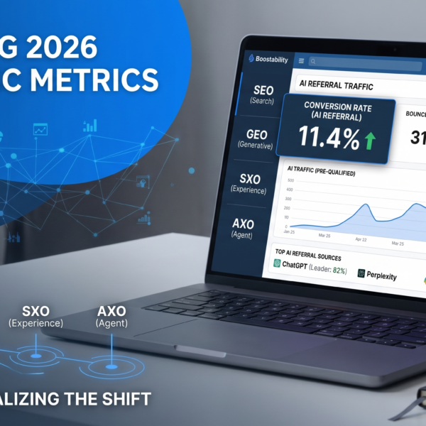 An open silver laptop on a modern white desk displays a customized web analytics dashboard specifically tracking "AI REFERRAL TRAFFIC METRICS." The interface highlights key data points including: a prominent "CONVERSION RATE (AI REFERRAL)" showing "11.4% (with green up-arrow)," "BOUNCE RATE (AI)" at "31%," and "SESSION DURATION (AI)" at "4m 32s." Below these metrics, a detailed graph visualizes "AI TRAFFIC (PRE-QUALIFIED)," with "28 ACTIVE USERS (AI REFERRAL)." A final table lists Top AI Referral Sources: "ChatGPT (Leader: 82%)," "Perplexity," and "Copilot." Above the laptop, a abstract blue digital network visualization (referencing the artistic elements in image_1.png) frames the title: "DECODING 2026 AI TRAFFIC METRICS." A modern notebook and pen sit below the device, featuring a diagram of the four BFF pillars (SEO, GEO, SXO, AXO) and the caption 'BFF: OPERATIONALIZING THE SHIFT.'