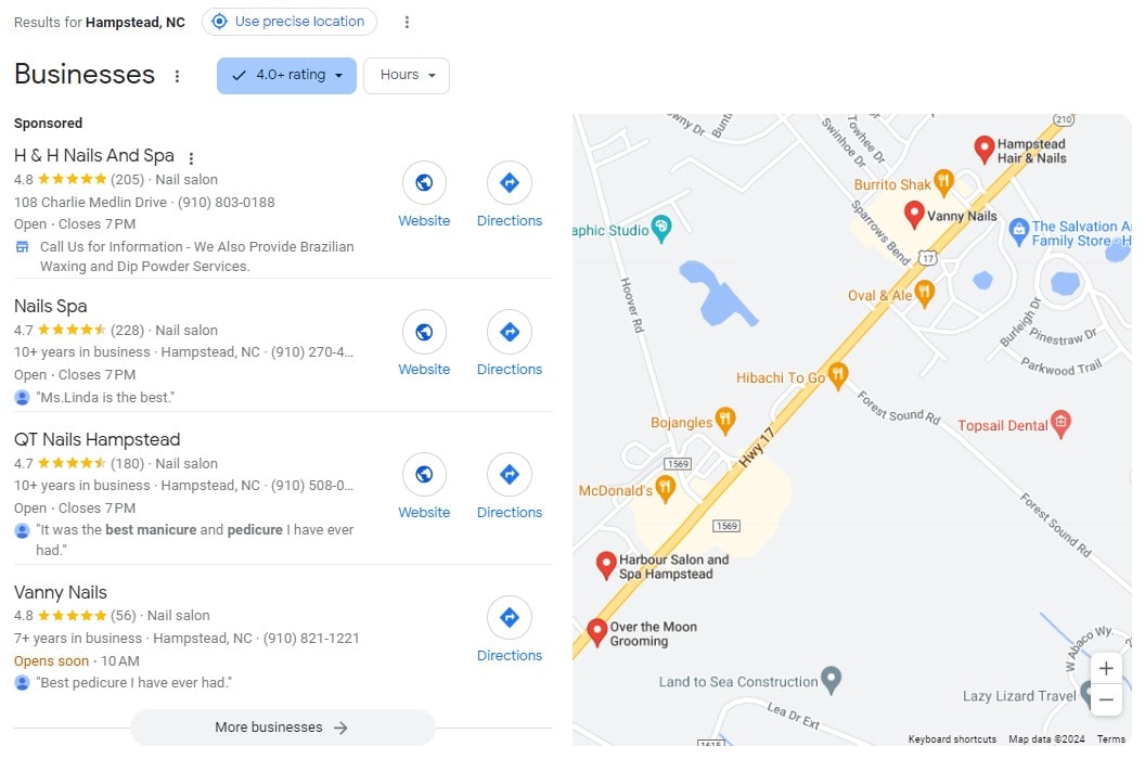 Example of a Google Local Map Pack for a small business search